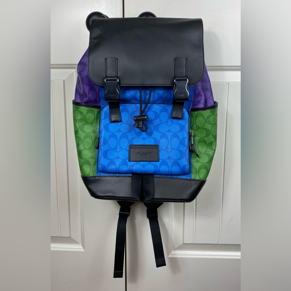 Coach Color Block Track Backpack Signature Leather Bright Blue Men’s